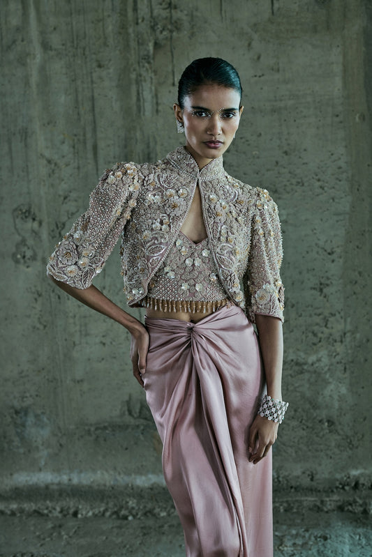 ROSE GOLD SHORT JACKET SET WITH BUSTIER AND SKIRT