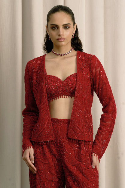 RED EMBROIDERED OPEN JACKET SET WITH FLARED PANTS