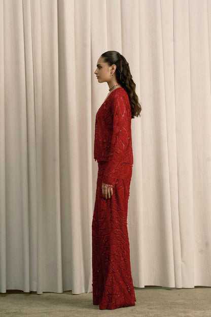 RED EMBROIDERED OPEN JACKET SET WITH FLARED PANTS