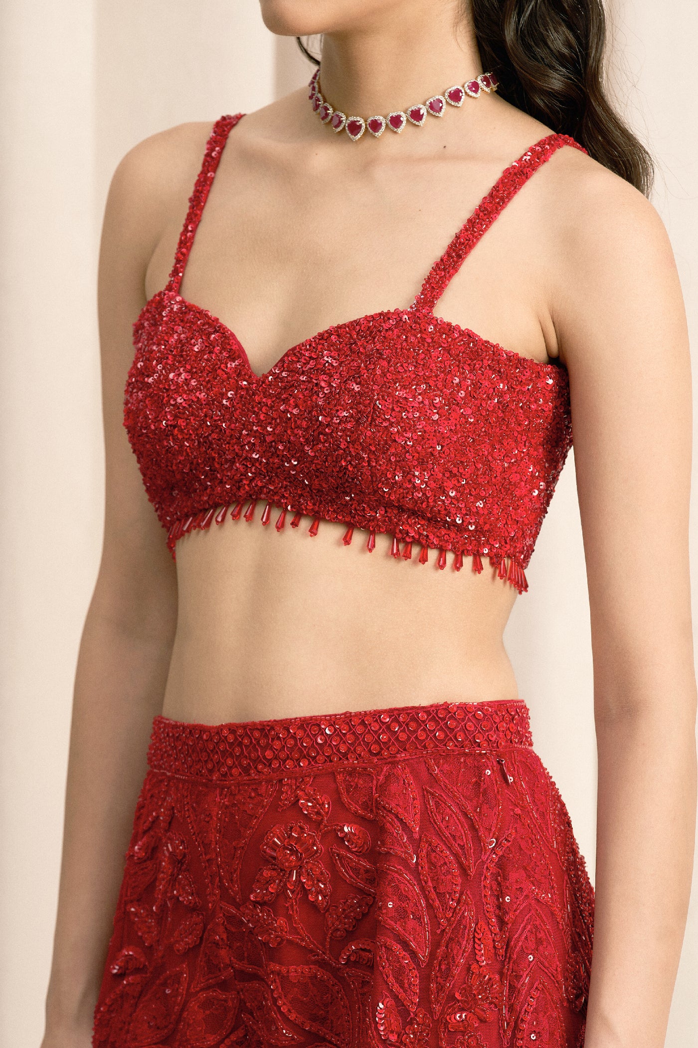 RED EMBROIDERED OPEN JACKET SET WITH FLARED PANTS