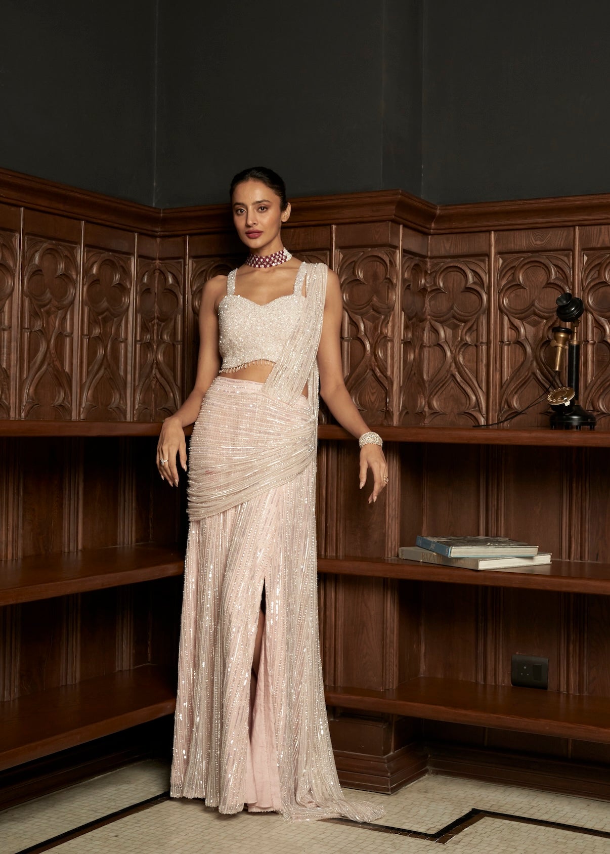 PINK DRAPE SAREE WITH A SLIT SKIRT