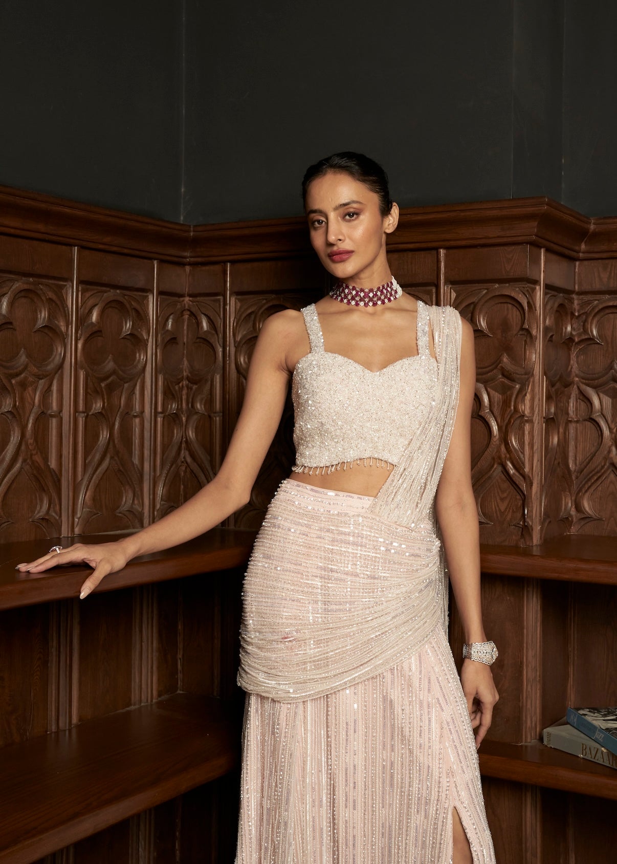 PINK DRAPE SAREE WITH A SLIT SKIRT