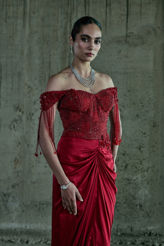 RED CRYSTAL EMBELLISHED OFF SHOULDER CORSET WITH SKIRT SET