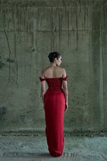 RED CRYSTAL EMBELLISHED OFF SHOULDER CORSET WITH SKIRT SET