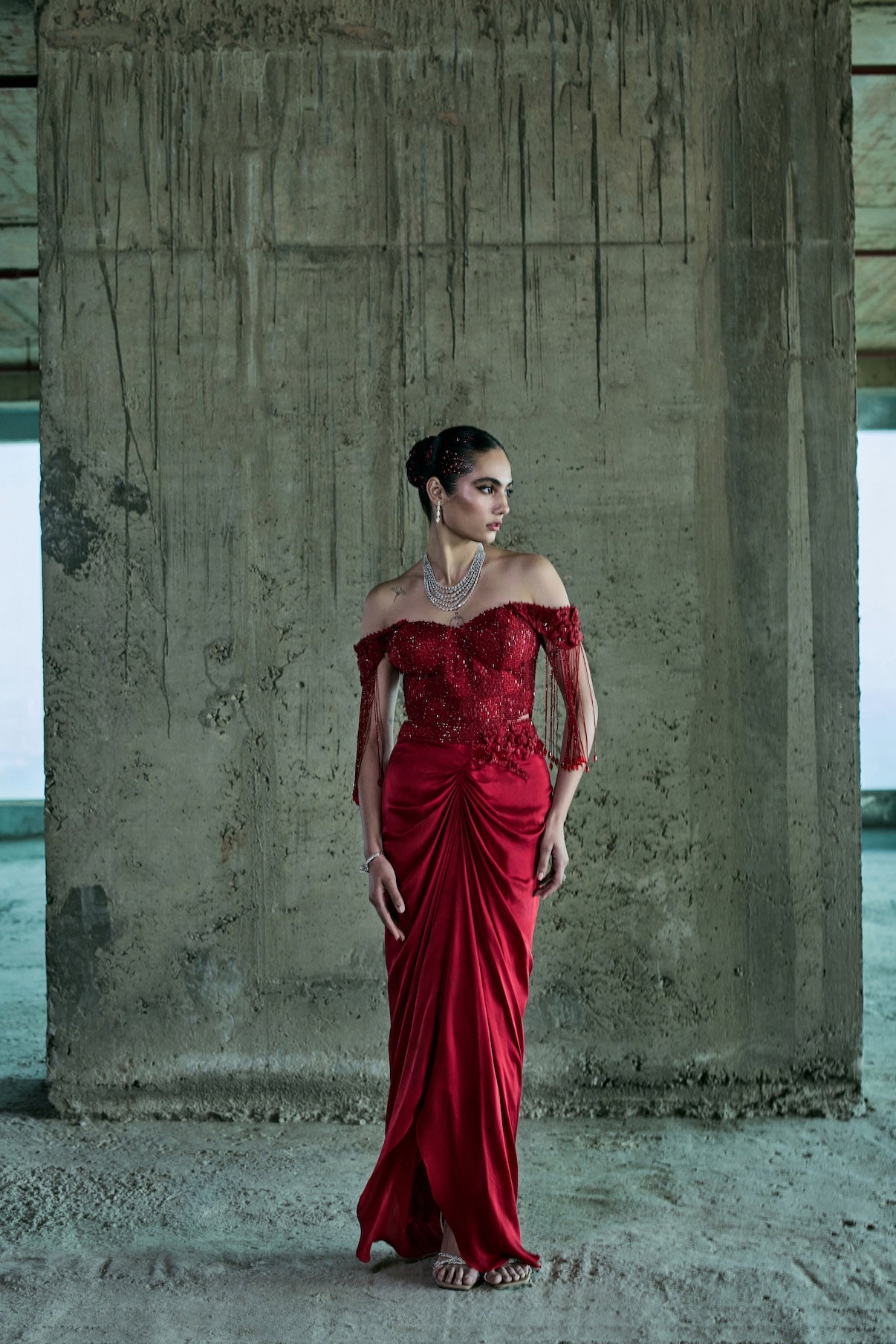 RED CRYSTAL EMBELLISHED OFF SHOULDER CORSET WITH SKIRT SET