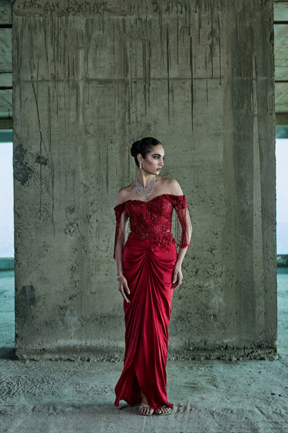 RED CRYSTAL EMBELLISHED OFF SHOULDER CORSET WITH SKIRT SET
