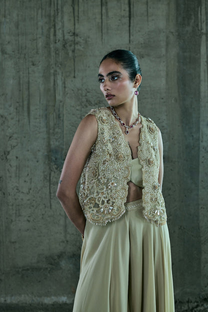 BEIGE WAISTCOAT JACKET WITH PANT SET