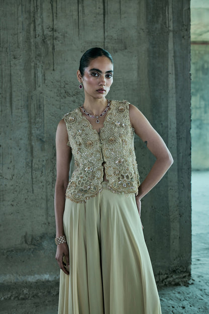 BEIGE WAISTCOAT JACKET WITH PANT SET