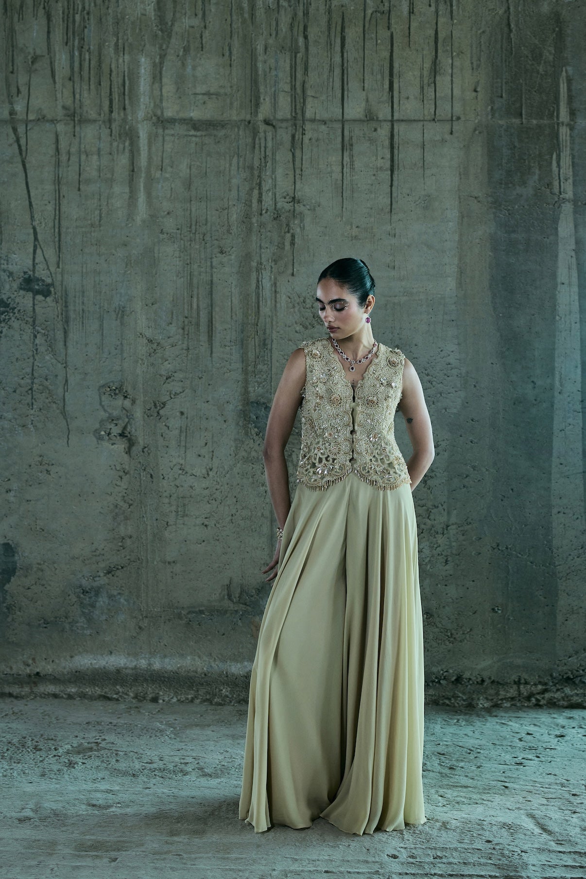 BEIGE WAISTCOAT JACKET WITH PANT SET