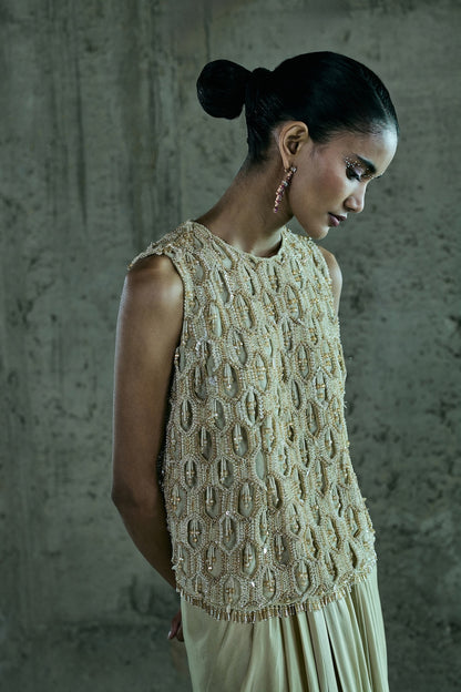 BEIGE CRYSTAL CUTOWK TOP WITH SKIRT SET