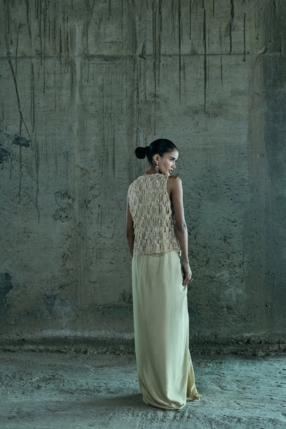 BEIGE CRYSTAL CUTOWK TOP WITH SKIRT SET