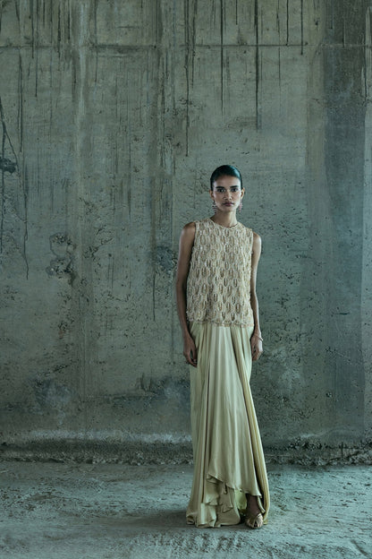 BEIGE CRYSTAL CUTOWK TOP WITH SKIRT SET