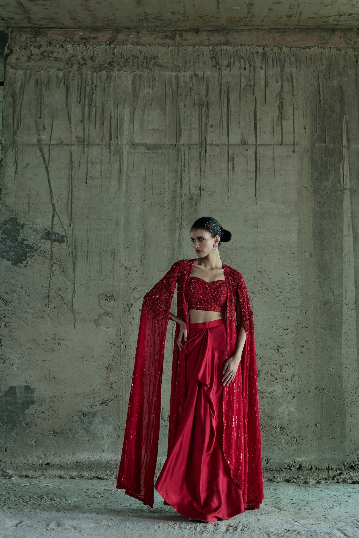 RED LONG CAPE SET WITH BUSTIER AND SKIRT