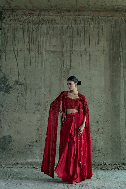 RED LONG CAPE SET WITH BUSTIER AND SKIRT