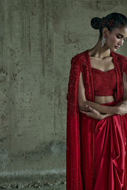 RED LONG CAPE SET WITH BUSTIER AND SKIRT