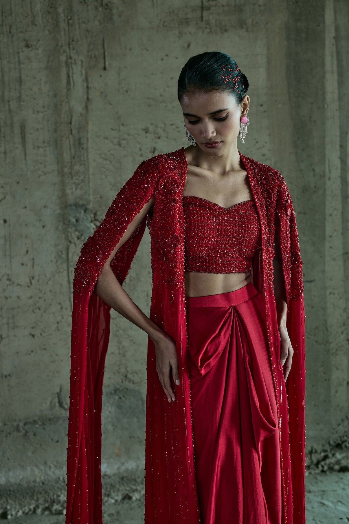 RED LONG CAPE SET WITH BUSTIER AND SKIRT