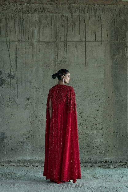 RED LONG CAPE SET WITH BUSTIER AND SKIRT