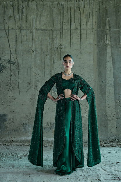 EMERALD LONG CAPE SET WITH BUSTIER AND SKIRT