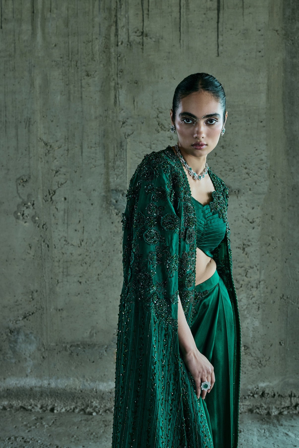 EMERALD LONG CAPE SET WITH BUSTIER AND SKIRT