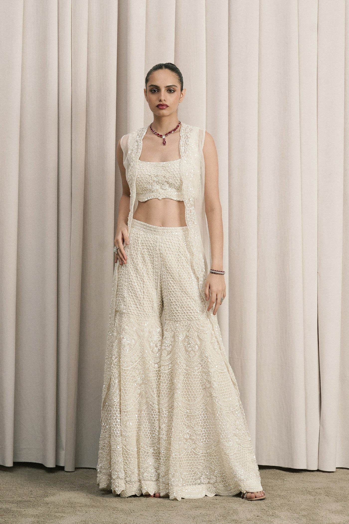 IVORY EMBROIDERED JACKET SET WITH FLARED PANTS
