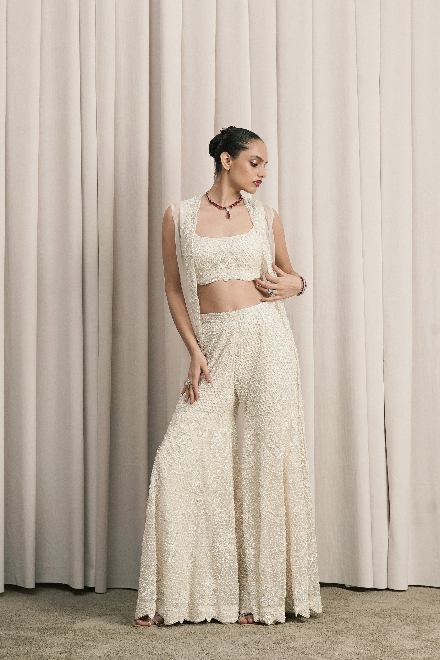 IVORY EMBROIDERED JACKET SET WITH FLARED PANTS