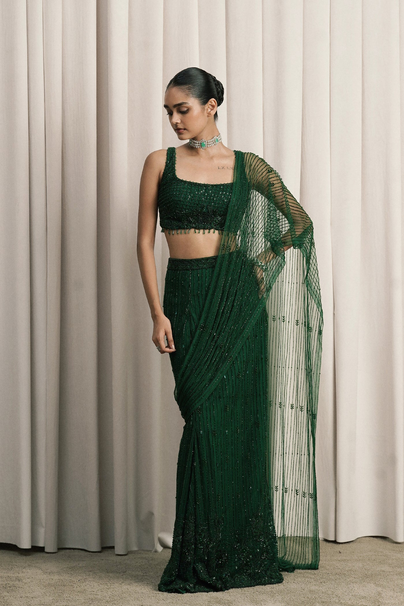 EMERALD GREEN EMBROIDERED NET SAREE WITH BLOUSE