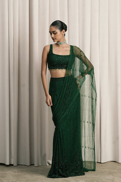 EMERALD GREEN EMBROIDERED NET SAREE WITH BLOUSE