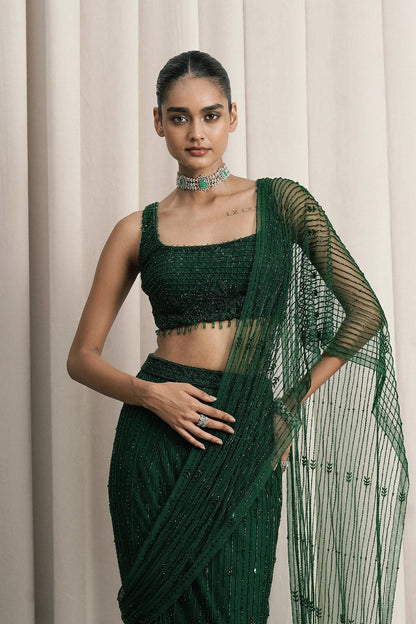 EMERALD GREEN EMBROIDERED NET SAREE WITH BLOUSE