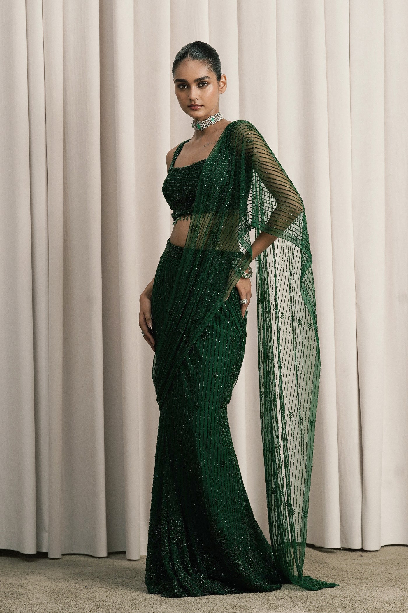 EMERALD GREEN EMBROIDERED NET SAREE WITH BLOUSE