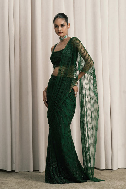 EMERALD GREEN EMBROIDERED NET SAREE WITH BLOUSE