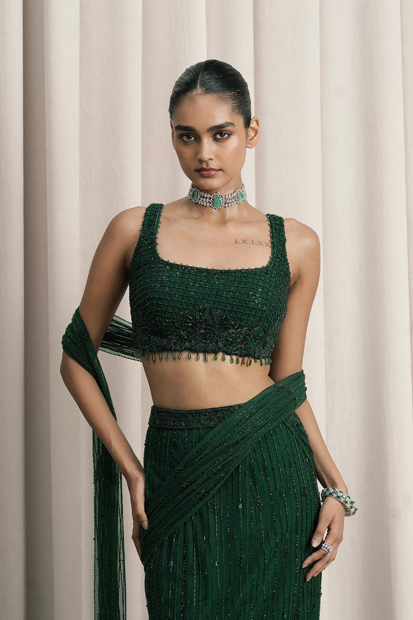 EMERALD GREEN EMBROIDERED NET SAREE WITH BLOUSE