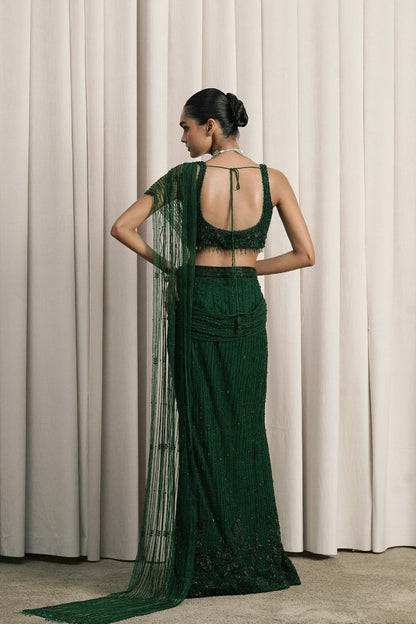 EMERALD GREEN EMBROIDERED NET SAREE WITH BLOUSE