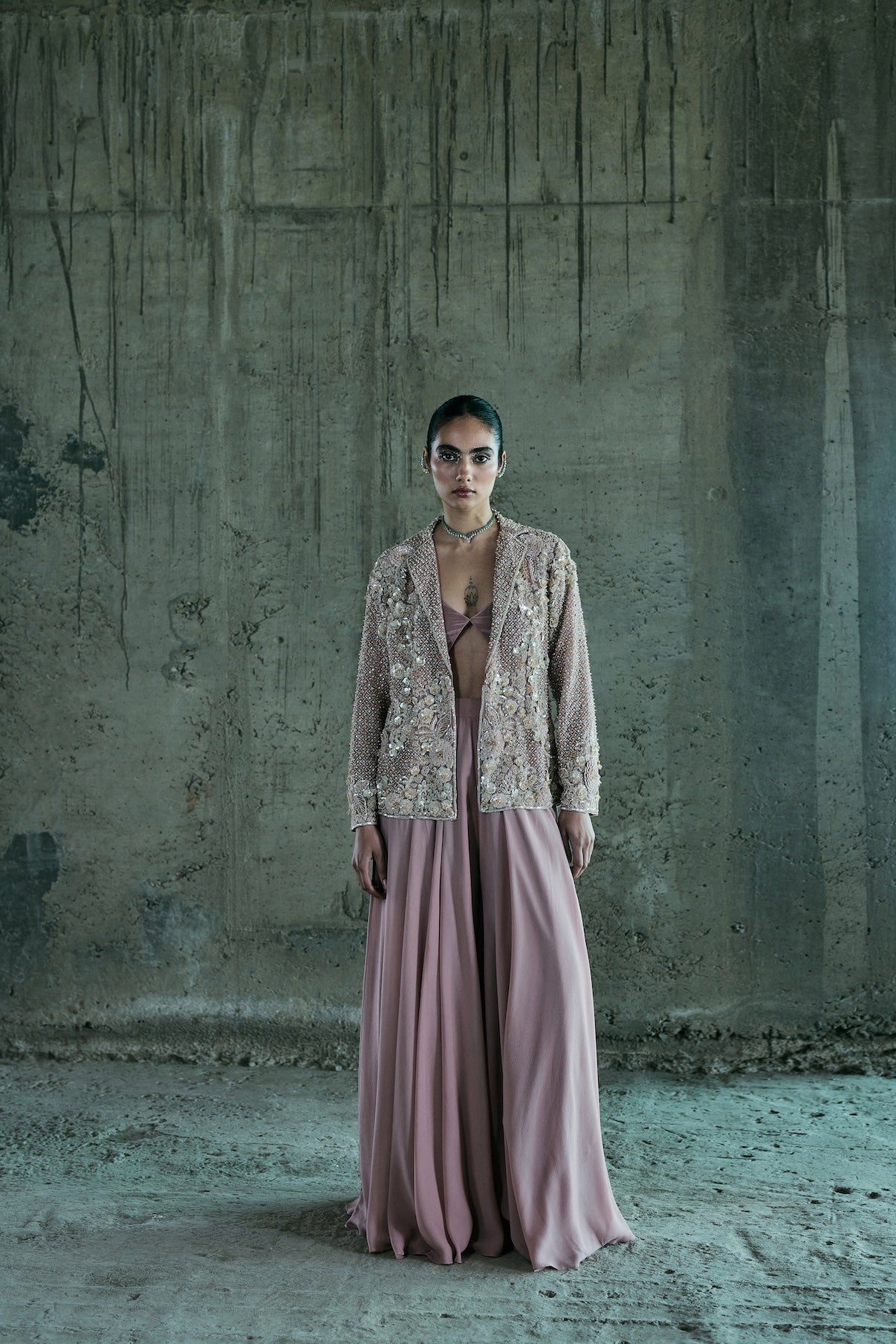 ROSE GOLD EMBROIDERED BLAZER SET WITH PANTS AND BUSTIER