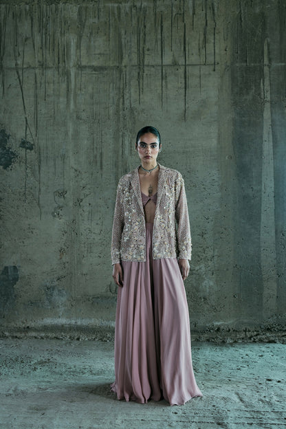 ROSE GOLD EMBROIDERED BLAZER SET WITH PANTS AND BUSTIER