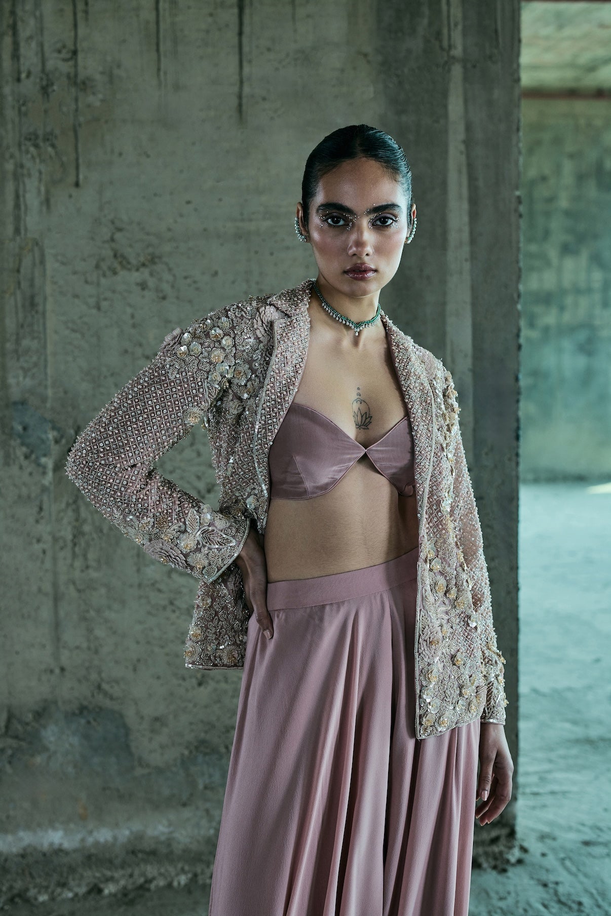 ROSE GOLD EMBROIDERED BLAZER SET WITH PANTS AND BUSTIER
