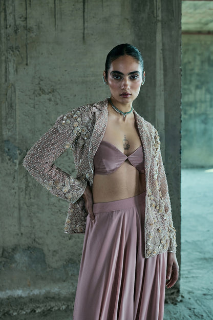 ROSE GOLD EMBROIDERED BLAZER SET WITH PANTS AND BUSTIER