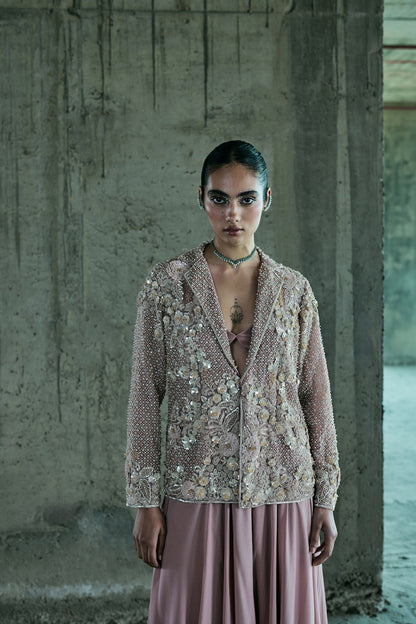 ROSE GOLD EMBROIDERED BLAZER SET WITH PANTS AND BUSTIER