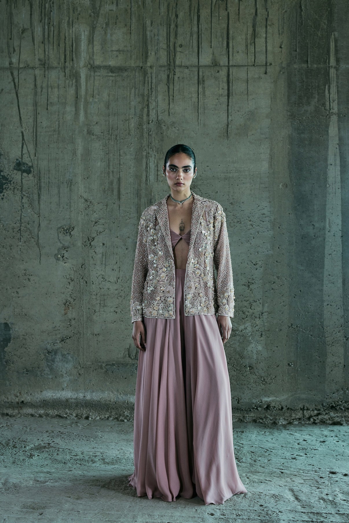 ROSE GOLD EMBROIDERED BLAZER SET WITH PANTS AND BUSTIER