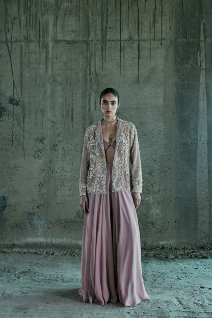 ROSE GOLD EMBROIDERED BLAZER SET WITH PANTS AND BUSTIER