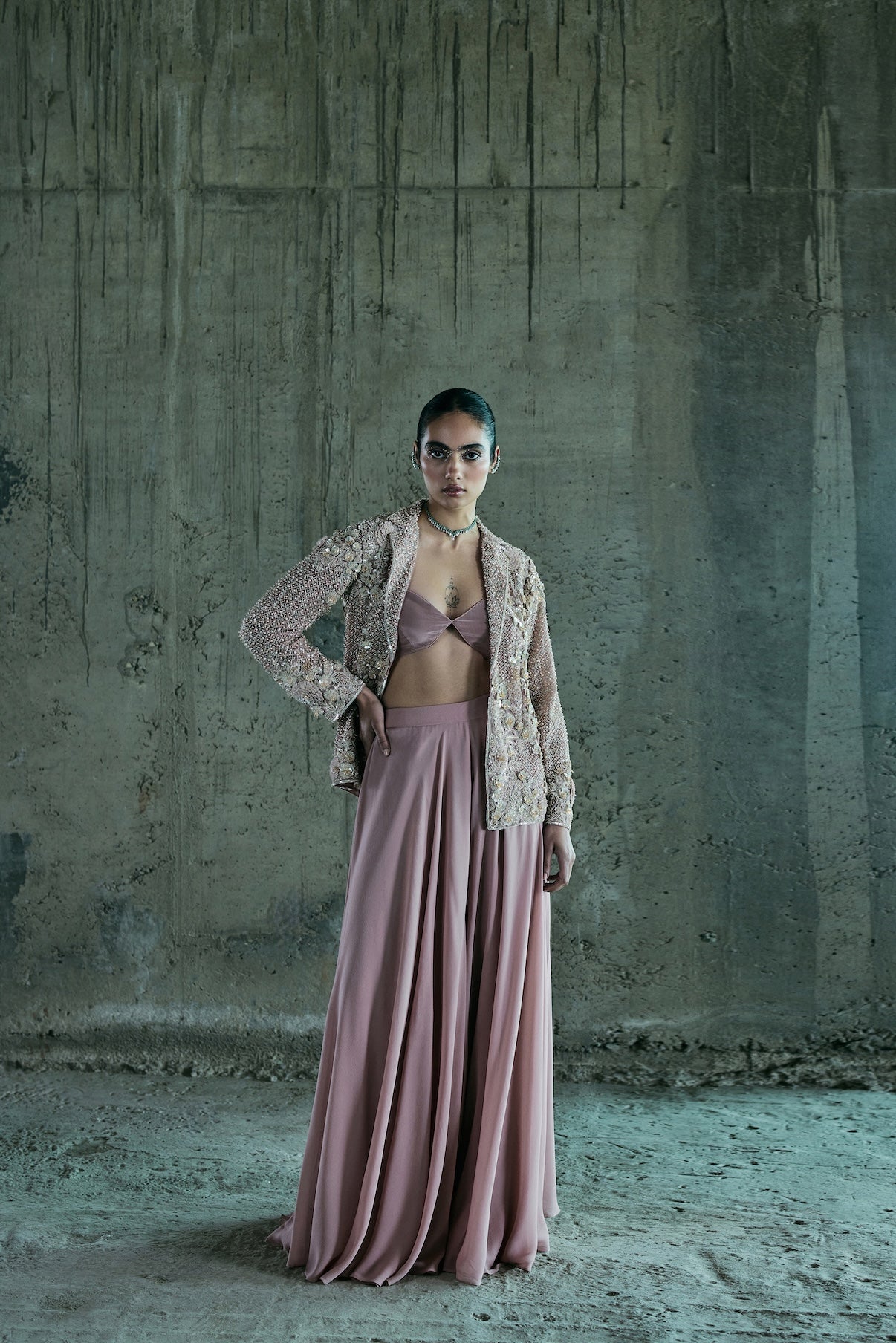 ROSE GOLD EMBROIDERED BLAZER SET WITH PANTS AND BUSTIER