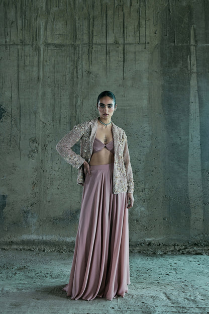 ROSE GOLD EMBROIDERED BLAZER SET WITH PANTS AND BUSTIER