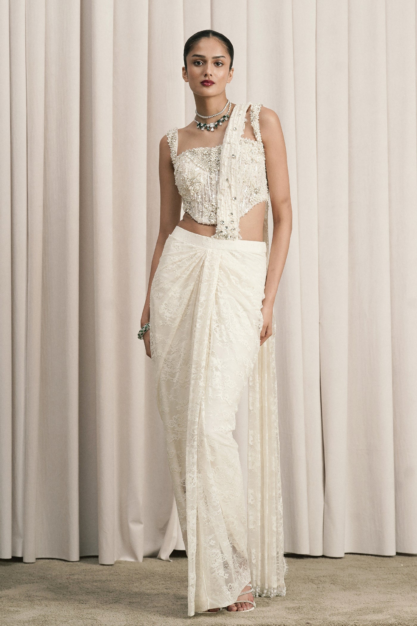 IVORY DRAPED SAREE WITH EMBELLISHED CHANTILLY CORSET