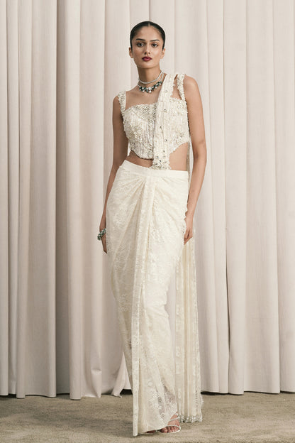 IVORY DRAPED SAREE WITH EMBELLISHED CHANTILLY CORSET