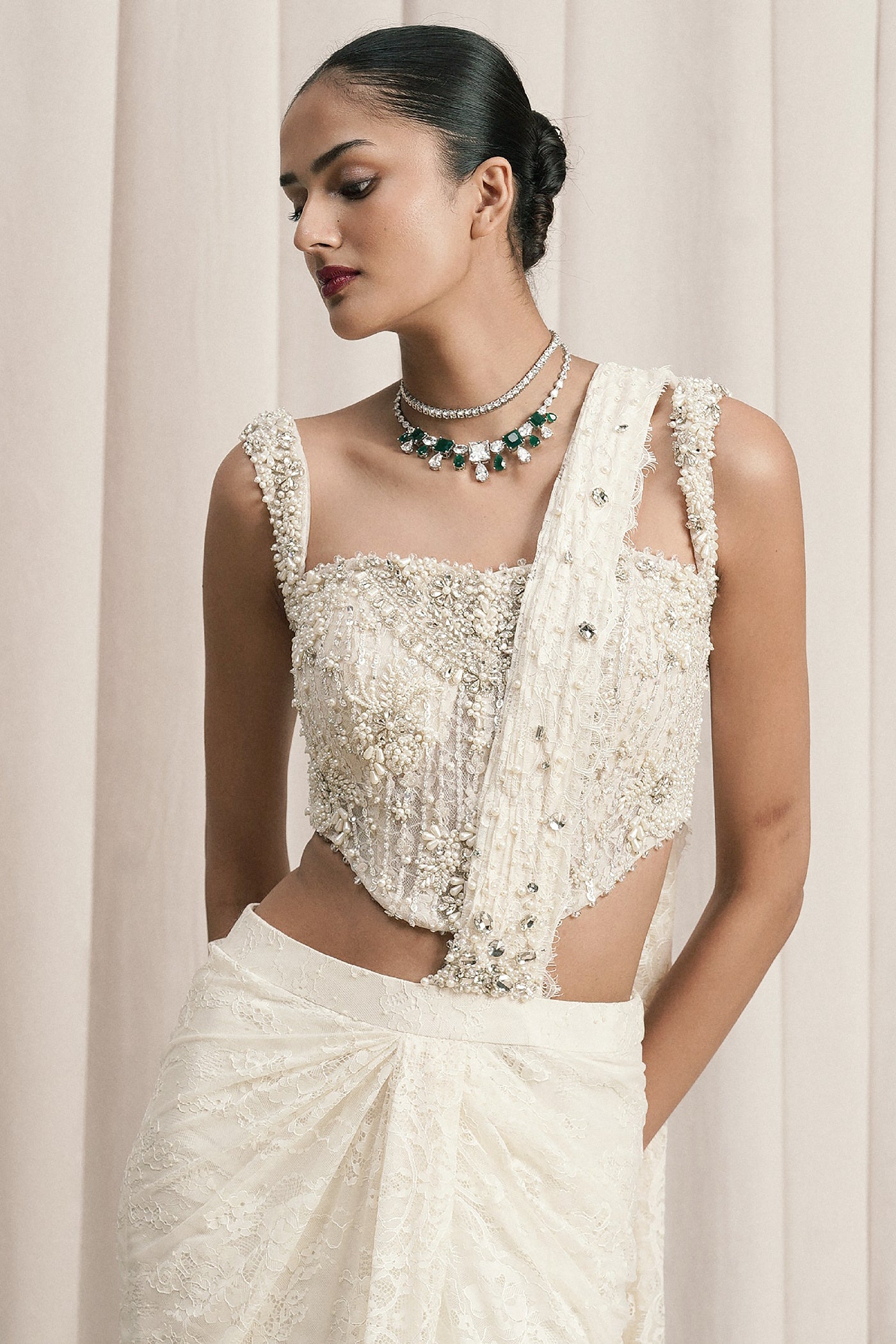 IVORY DRAPED SAREE WITH EMBELLISHED CHANTILLY CORSET