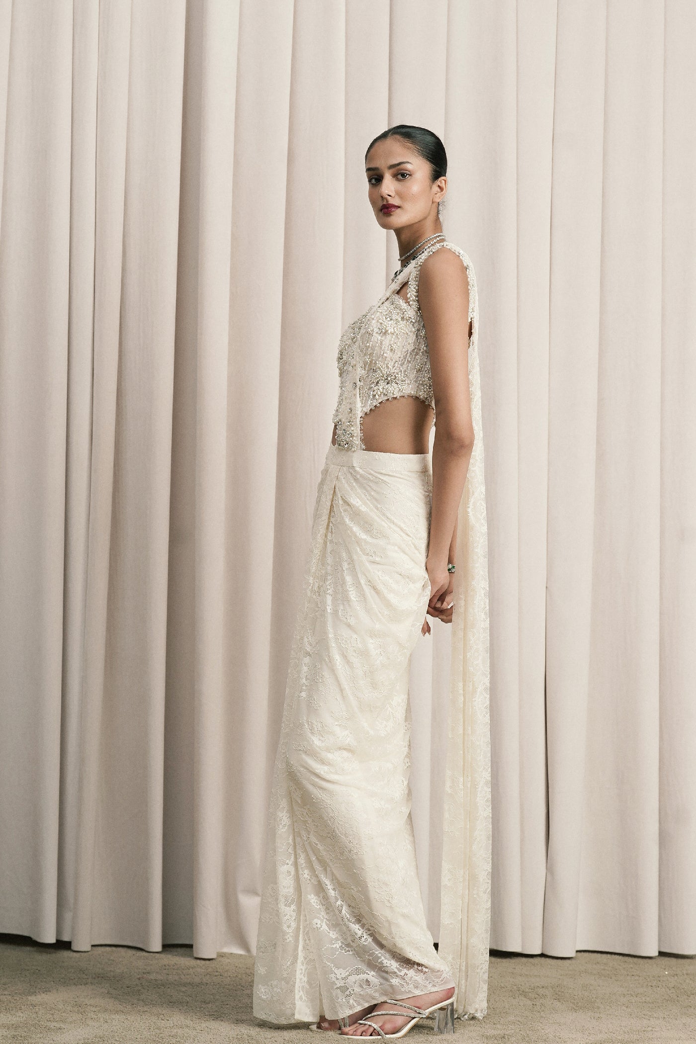 IVORY DRAPED SAREE WITH EMBELLISHED CHANTILLY CORSET