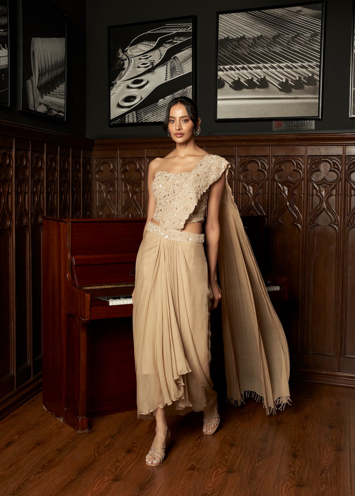 BEIGE CORSET DRAPE SAREE SET