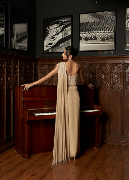 BEIGE CORSET DRAPE SAREE SET