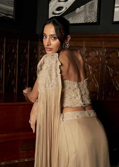 BEIGE CORSET DRAPE SAREE SET