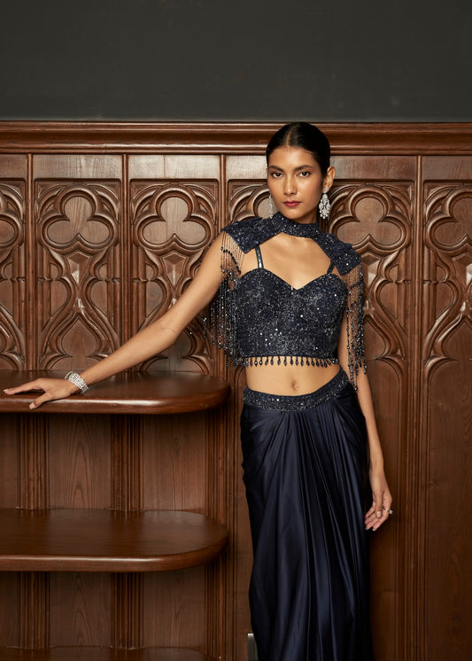 NAVY INDO-WESTERN CAPE-SKIRT SET