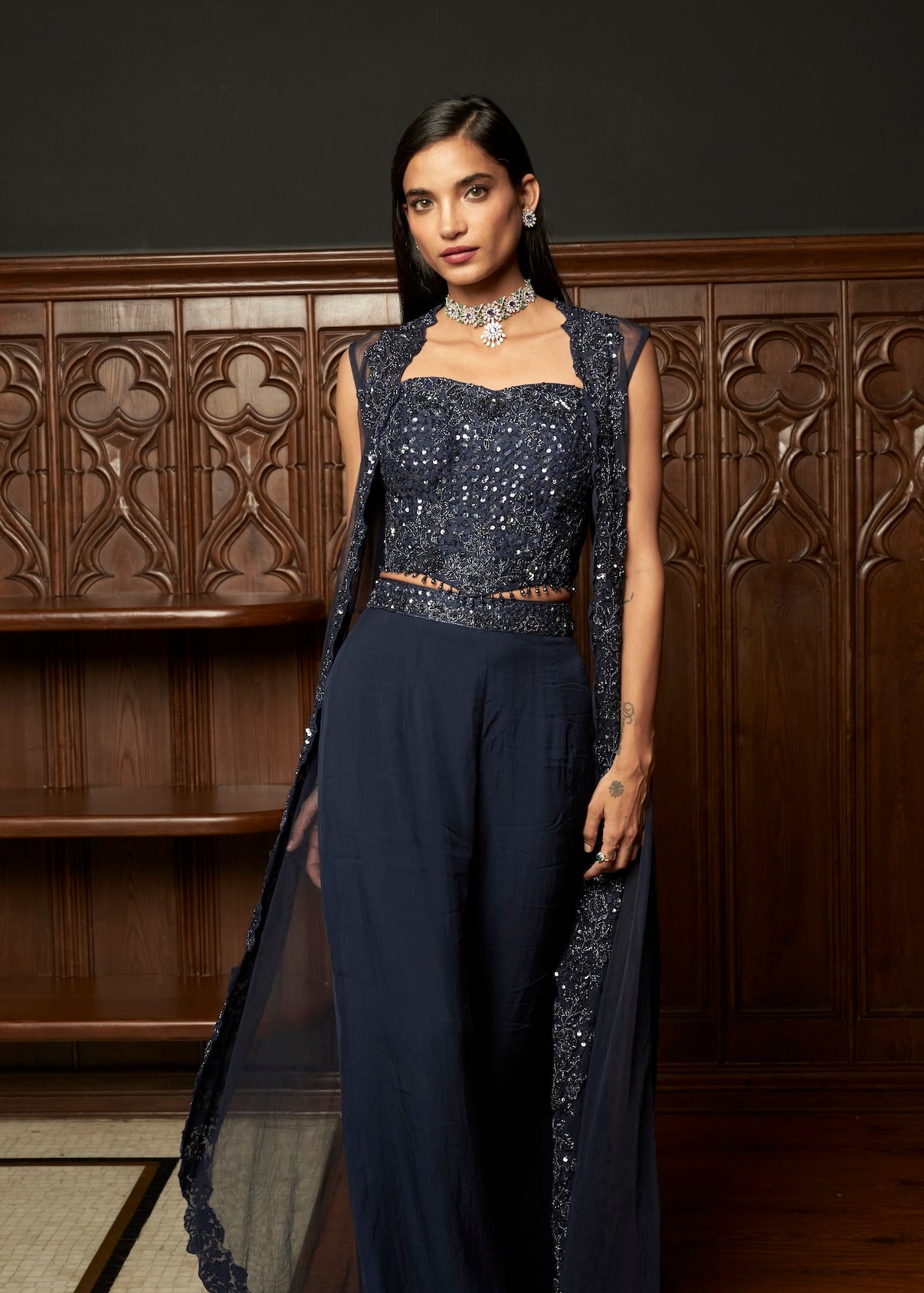 NAVY INDO-WESTERN CORSET WITH JACKET SET